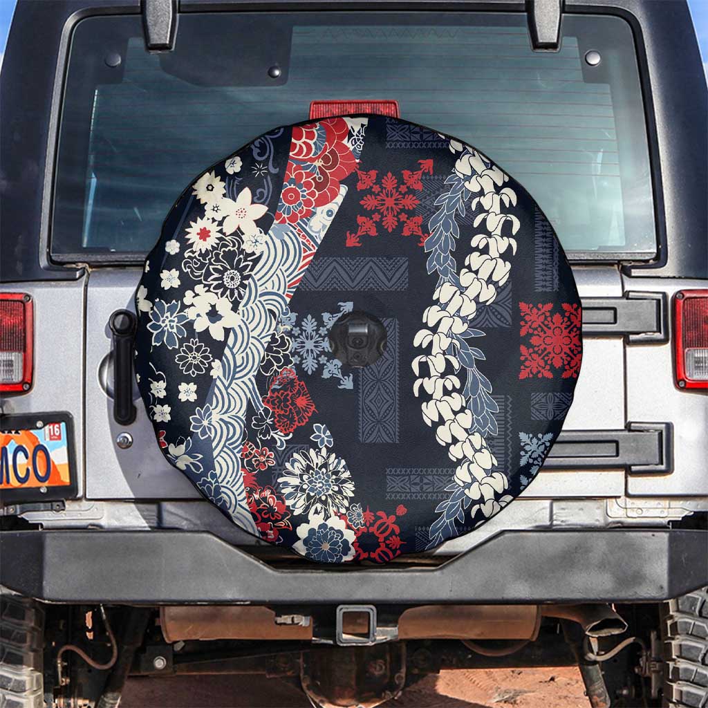 Hawaii Puakenikeni and Maile Lei Spare Tire Cover Navy Blue Japanese Wave Style - Polynesian Pride