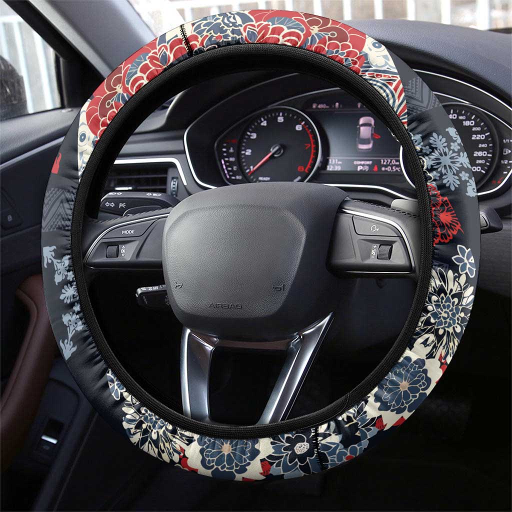 Hawaii Puakenikeni and Maile Lei Steering Wheel Cover Navy Blue Japanese Wave Style - Polynesian Pride