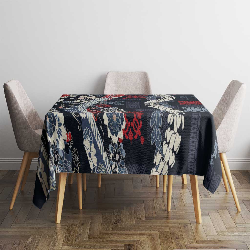 Hawaii Puakenikeni and Maile Lei Tablecloth Navy Blue Japanese Wave Style - Polynesian Pride