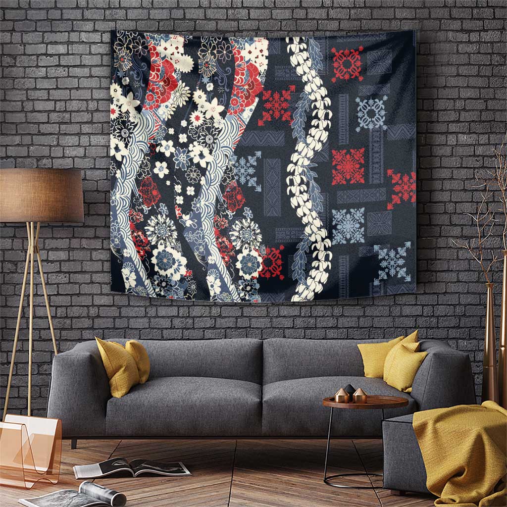 Hawaii Puakenikeni and Maile Lei Tapestry Navy Blue Japanese Wave Style LT9 Navy Blue - Polynesian Pride