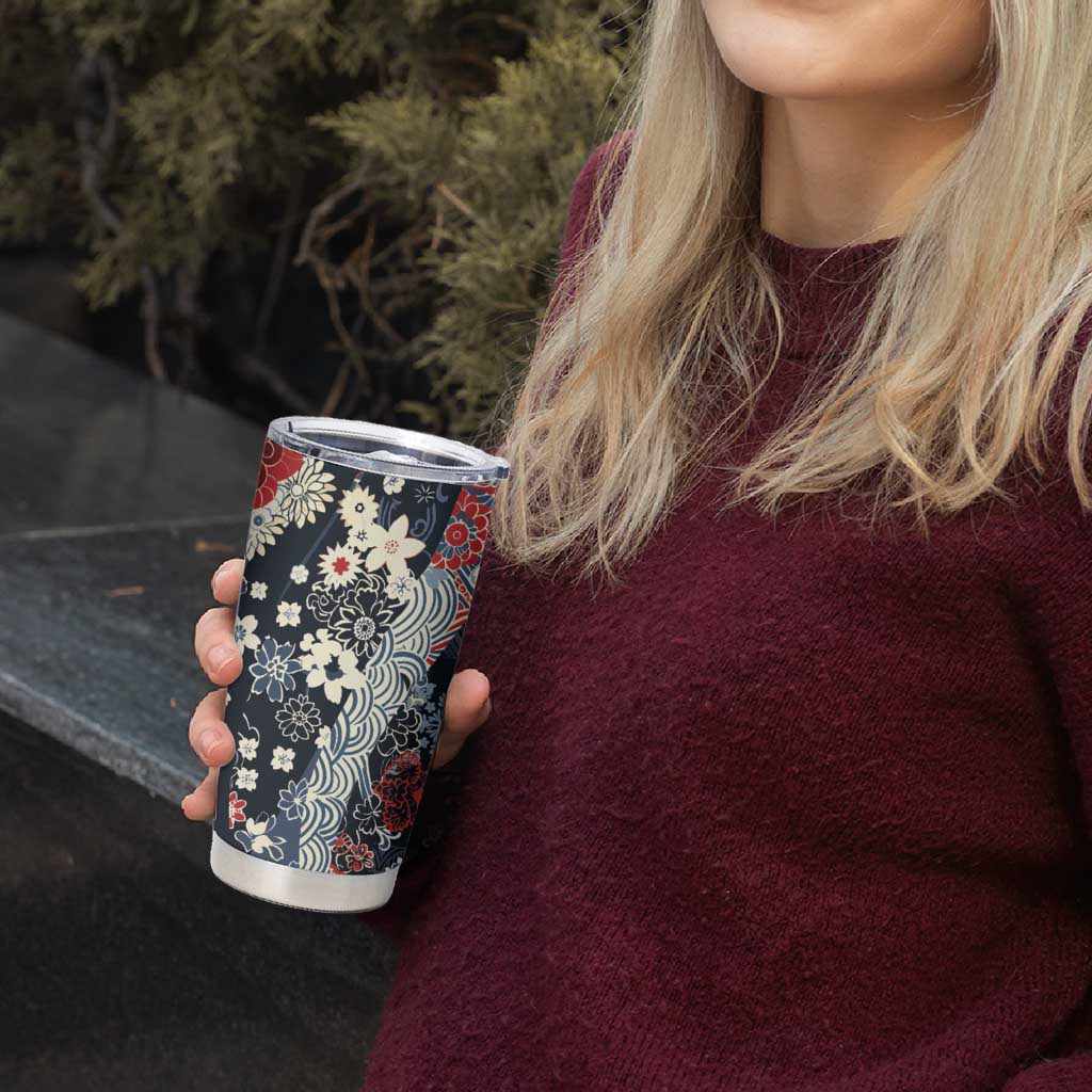 Hawaii Puakenikeni and Maile Lei Tumbler Cup Navy Blue Japanese Wave Style - Polynesian Pride