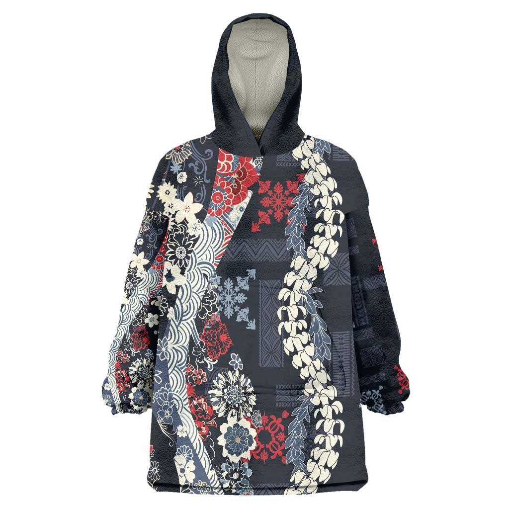 Hawaii Puakenikeni and Maile Lei Wearable Blanket Hoodie Navy Blue Japanese Wave Style LT9 One Size Navy Blue - Polynesian Pride