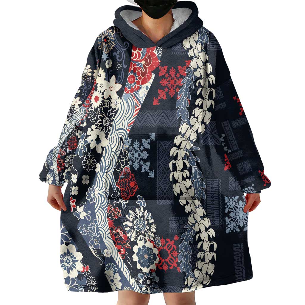 Hawaii Puakenikeni and Maile Lei Wearable Blanket Hoodie Navy Blue Japanese Wave Style - Polynesian Pride