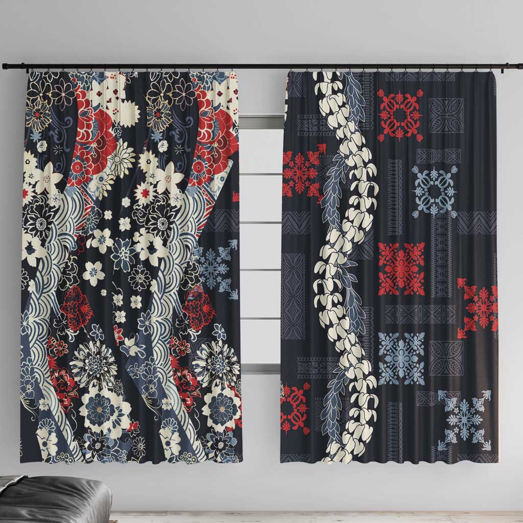 Hawaii Puakenikeni and Maile Lei Window Curtain Navy Blue Japanese Wave Style - Polynesian Pride