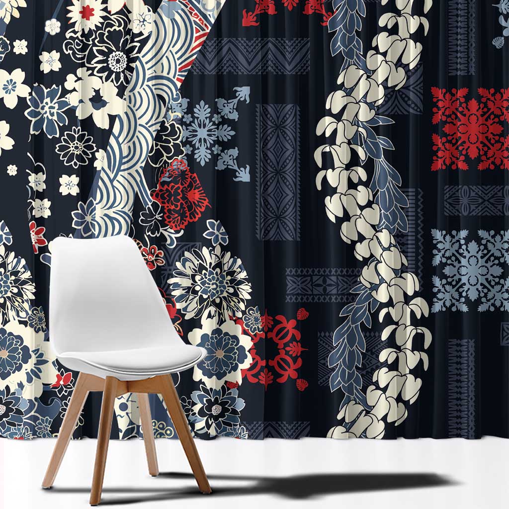Hawaii Puakenikeni and Maile Lei Window Curtain Navy Blue Japanese Wave Style - Polynesian Pride