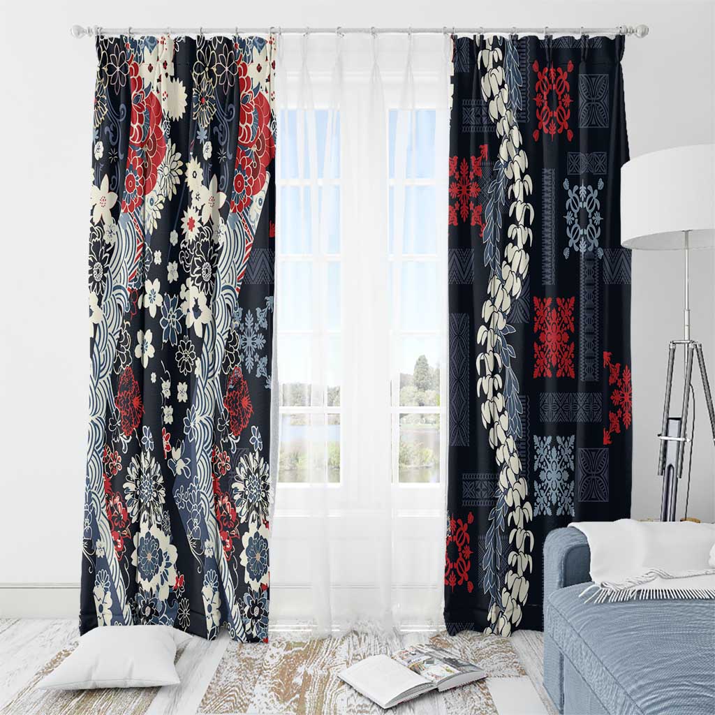 Hawaii Puakenikeni and Maile Lei Window Curtain Navy Blue Japanese Wave Style - Polynesian Pride