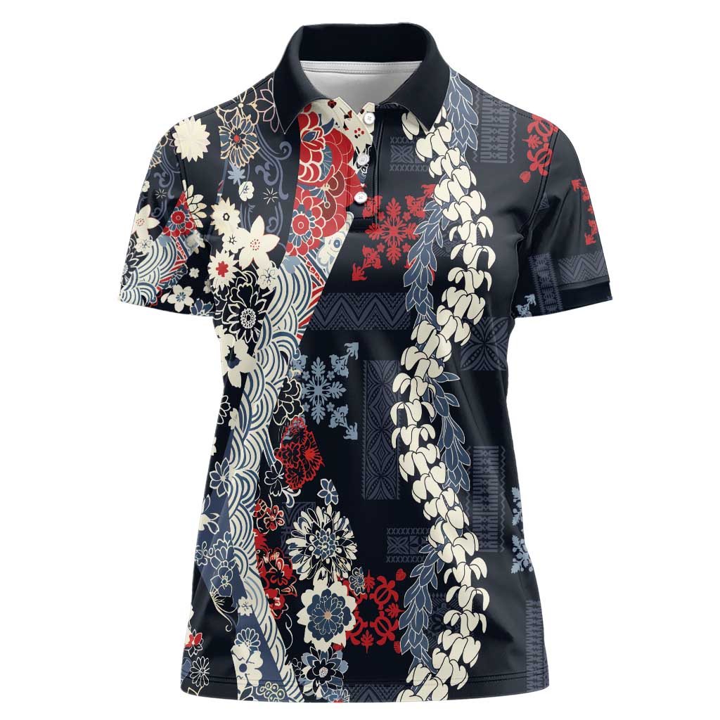 Hawaii Puakenikeni and Maile Lei Women Polo Shirt Navy Blue Japanese Wave Style - Polynesian Pride