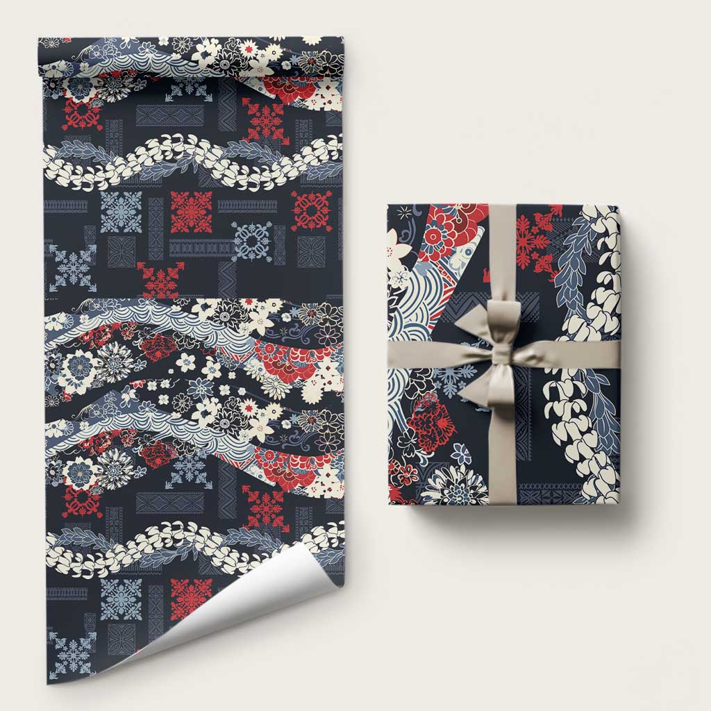 Hawaii Puakenikeni and Maile Lei Wrapping Paper Navy Blue Japanese Wave Style LT9 58" × 23" Navy Blue - Polynesian Pride