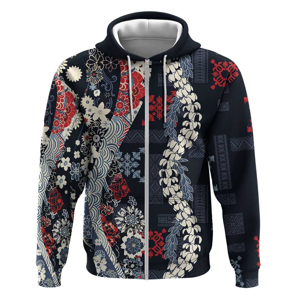 Hawaii Puakenikeni and Maile Lei Zip Hoodie Navy Blue Japanese Wave Style LT9 Zip Hoodie Navy Blue - Polynesian Pride