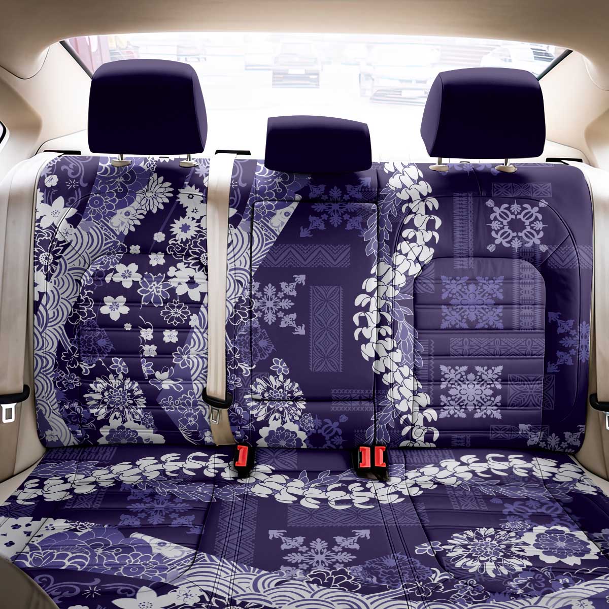 Hawaii Puakenikeni and Maile Lei Back Car Seat Cover Purple Japanese Wave Style LT9 - Polynesian Pride