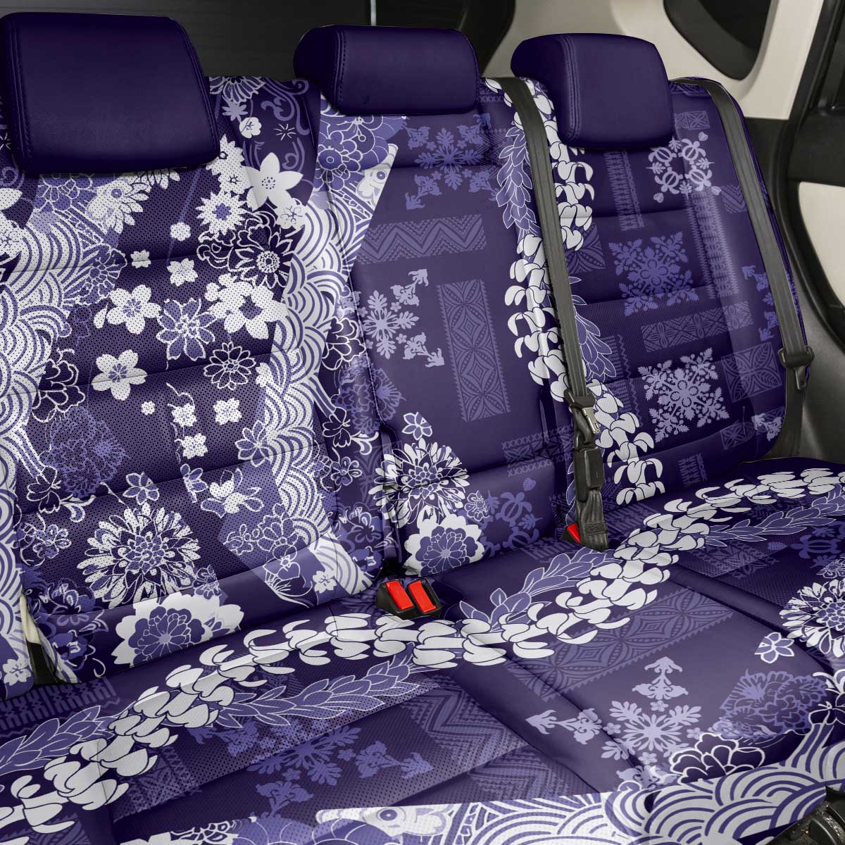 Hawaii Puakenikeni and Maile Lei Back Car Seat Cover Purple Japanese Wave Style LT9 - Polynesian Pride