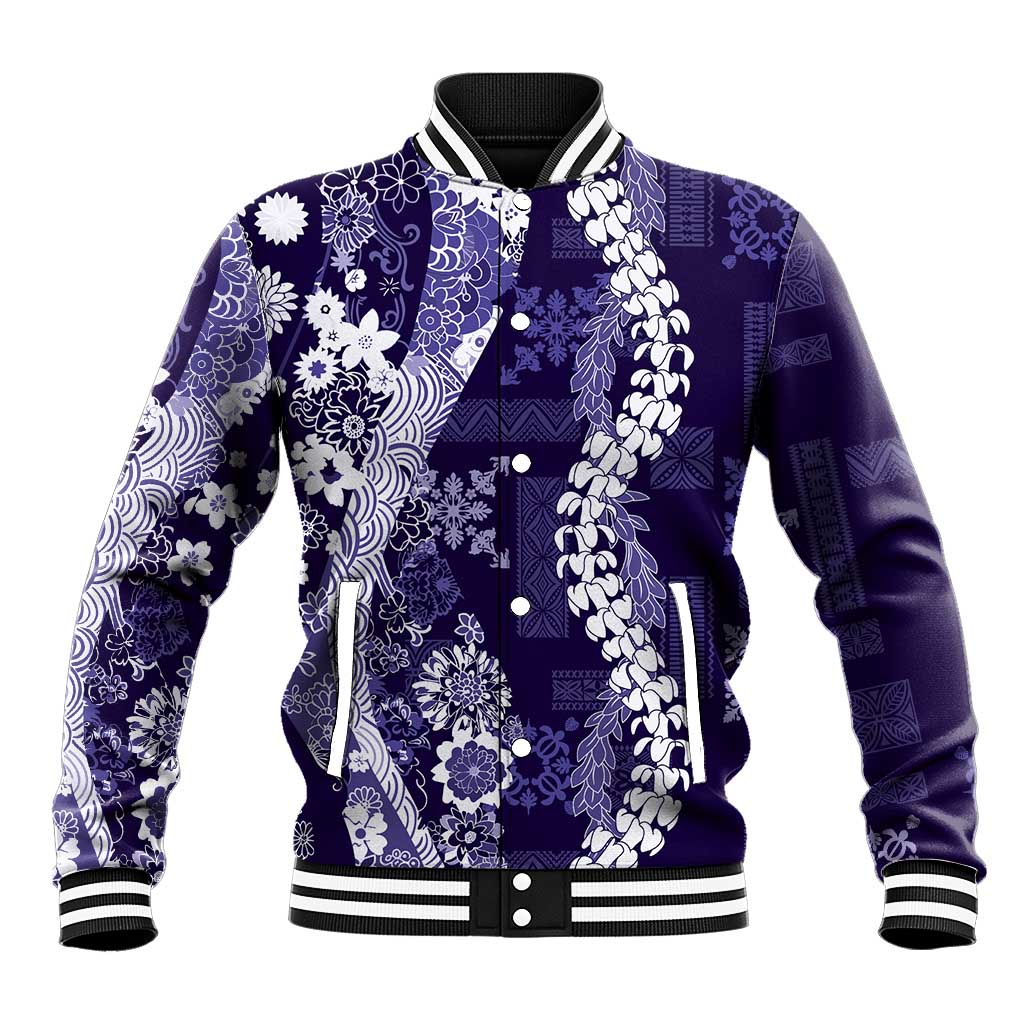 Hawaii Puakenikeni and Maile Lei Baseball Jacket Purple Japanese Wave Style - Polynesian Pride