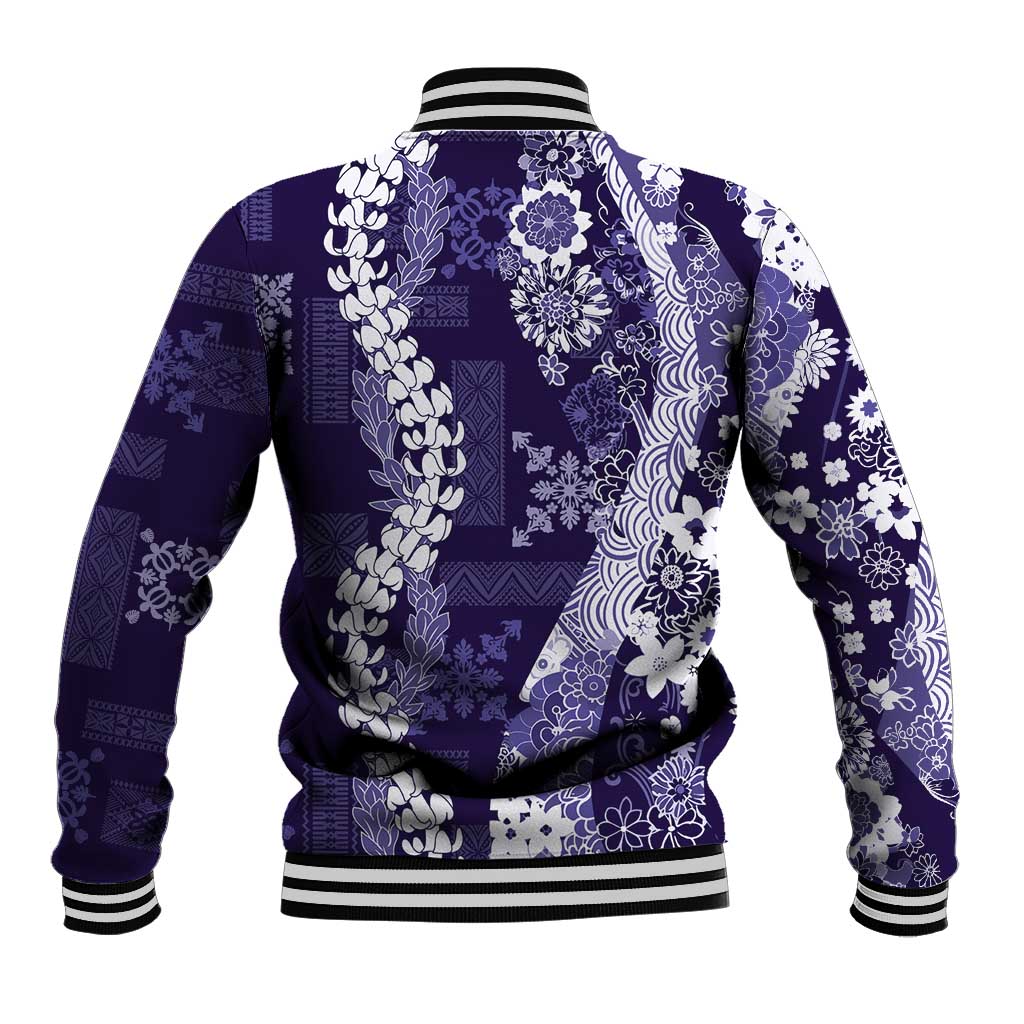 Hawaii Puakenikeni and Maile Lei Baseball Jacket Purple Japanese Wave Style - Polynesian Pride