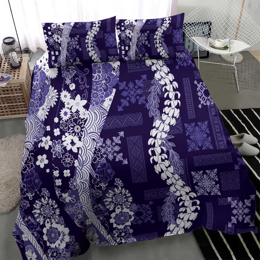 Hawaii Puakenikeni and Maile Lei Bedding Set Purple Japanese Wave Style - Polynesian Pride