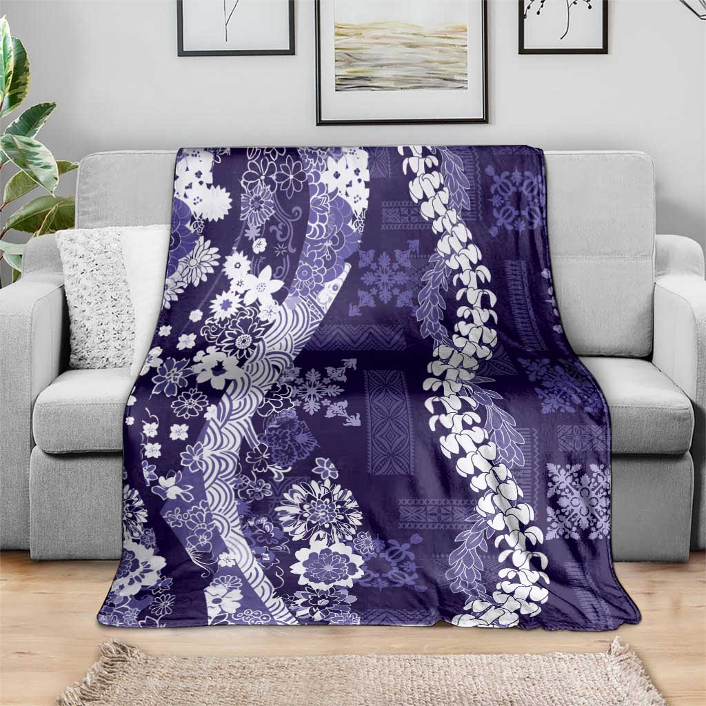 Hawaii Puakenikeni and Maile Lei Blanket Purple Japanese Wave Style - Polynesian Pride
