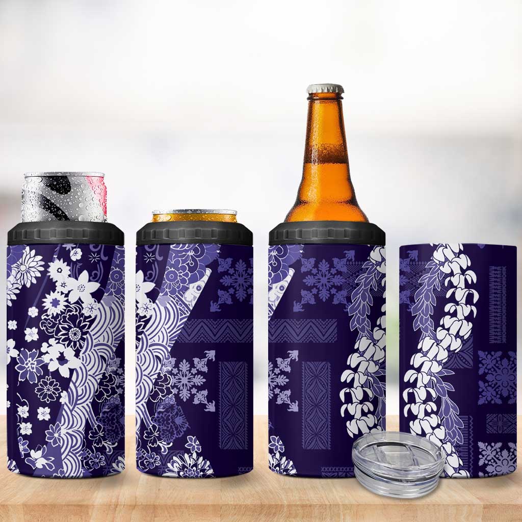Hawaii Puakenikeni and Maile Lei 4 in 1 Can Cooler Tumbler Purple Japanese Wave Style - Polynesian Pride
