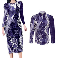Hawaii Puakenikeni and Maile Lei Couples Matching Long Sleeve Bodycon Dress and Long Sleeve Button Shirt Purple Japanese Wave Style - Polynesian Pride
