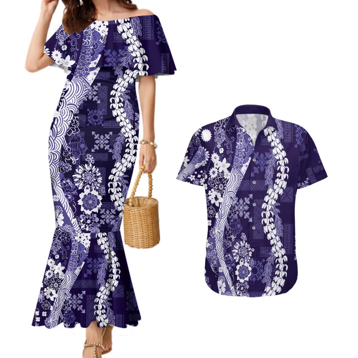 Hawaii Puakenikeni and Maile Lei Couples Matching Mermaid Dress and Hawaiian Shirt Purple Japanese Wave Style - Polynesian Pride