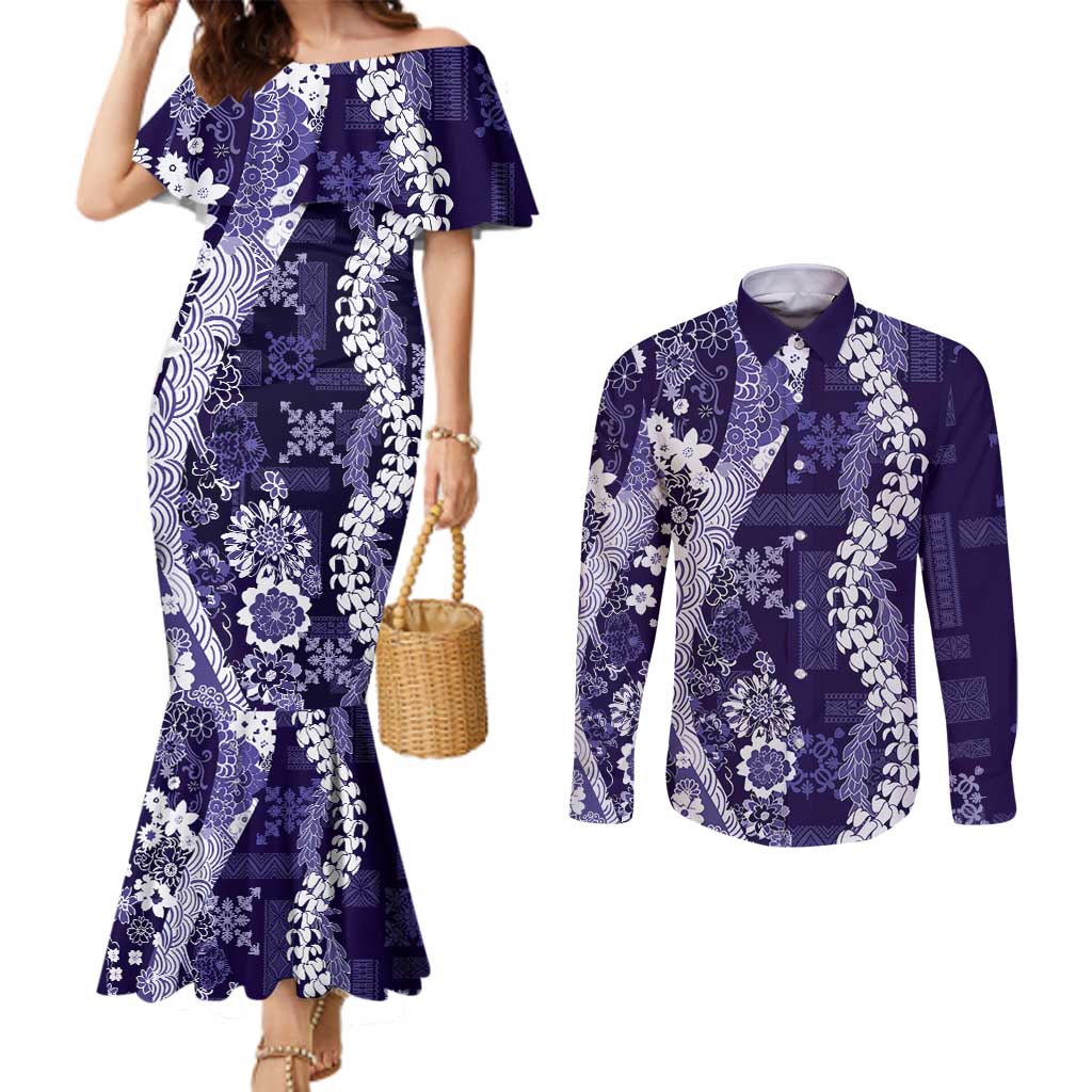 Hawaii Puakenikeni and Maile Lei Couples Matching Mermaid Dress and Long Sleeve Button Shirt Purple Japanese Wave Style - Polynesian Pride