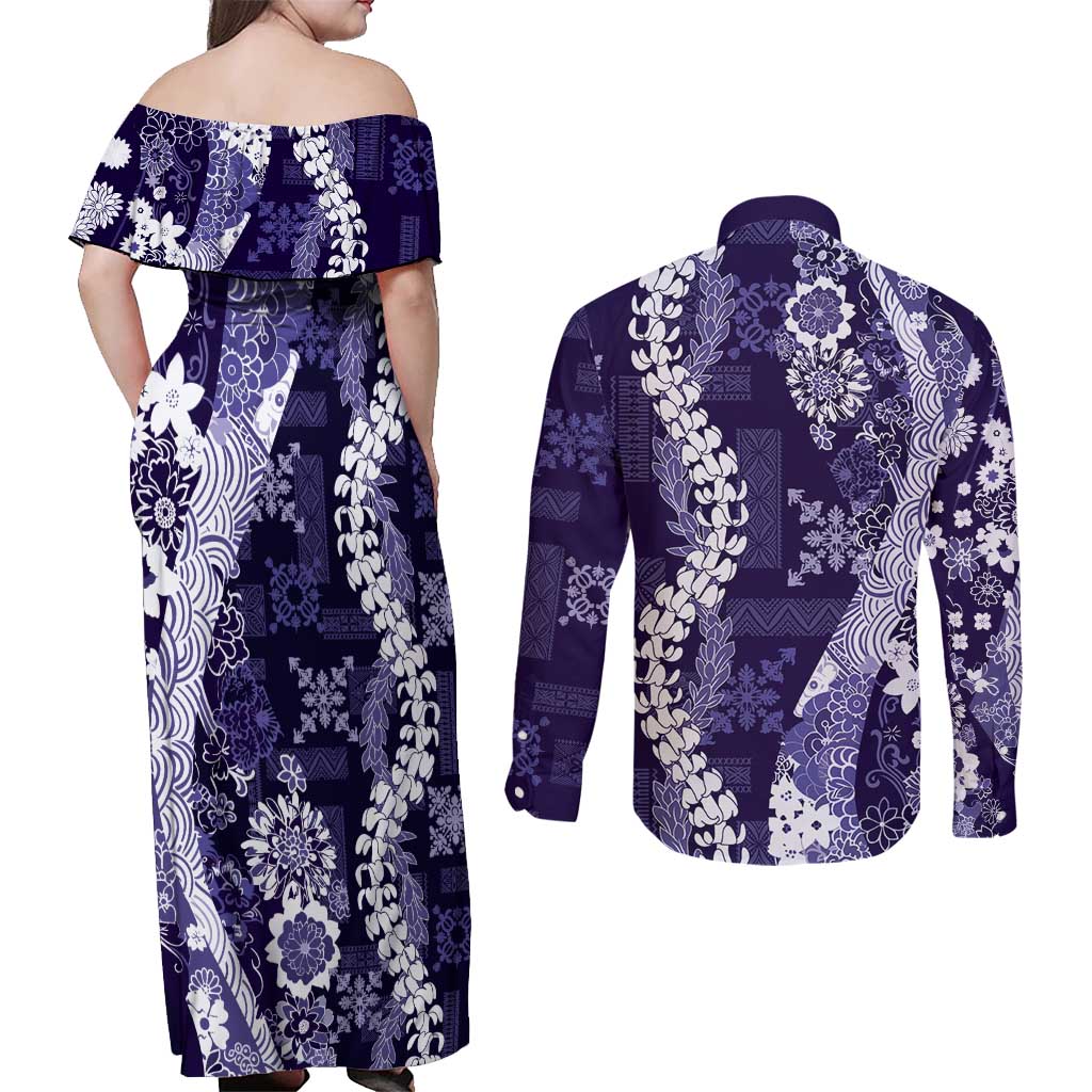 Hawaii Puakenikeni and Maile Lei Couples Matching Off Shoulder Maxi Dress and Long Sleeve Button Shirt Purple Japanese Wave Style - Polynesian Pride