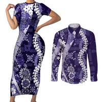 Hawaii Puakenikeni and Maile Lei Couples Matching Short Sleeve Bodycon Dress and Long Sleeve Button Shirt Purple Japanese Wave Style - Polynesian Pride