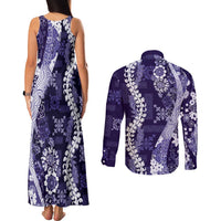 Hawaii Puakenikeni and Maile Lei Couples Matching Tank Maxi Dress and Long Sleeve Button Shirt Purple Japanese Wave Style - Polynesian Pride