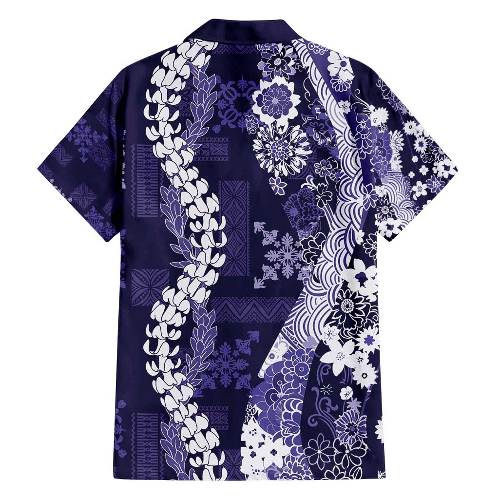 Hawaii Puakenikeni and Maile Lei Family Matching Long Sleeve Bodycon Dress and Hawaiian Shirt Purple Japanese Wave Style - Polynesian Pride
