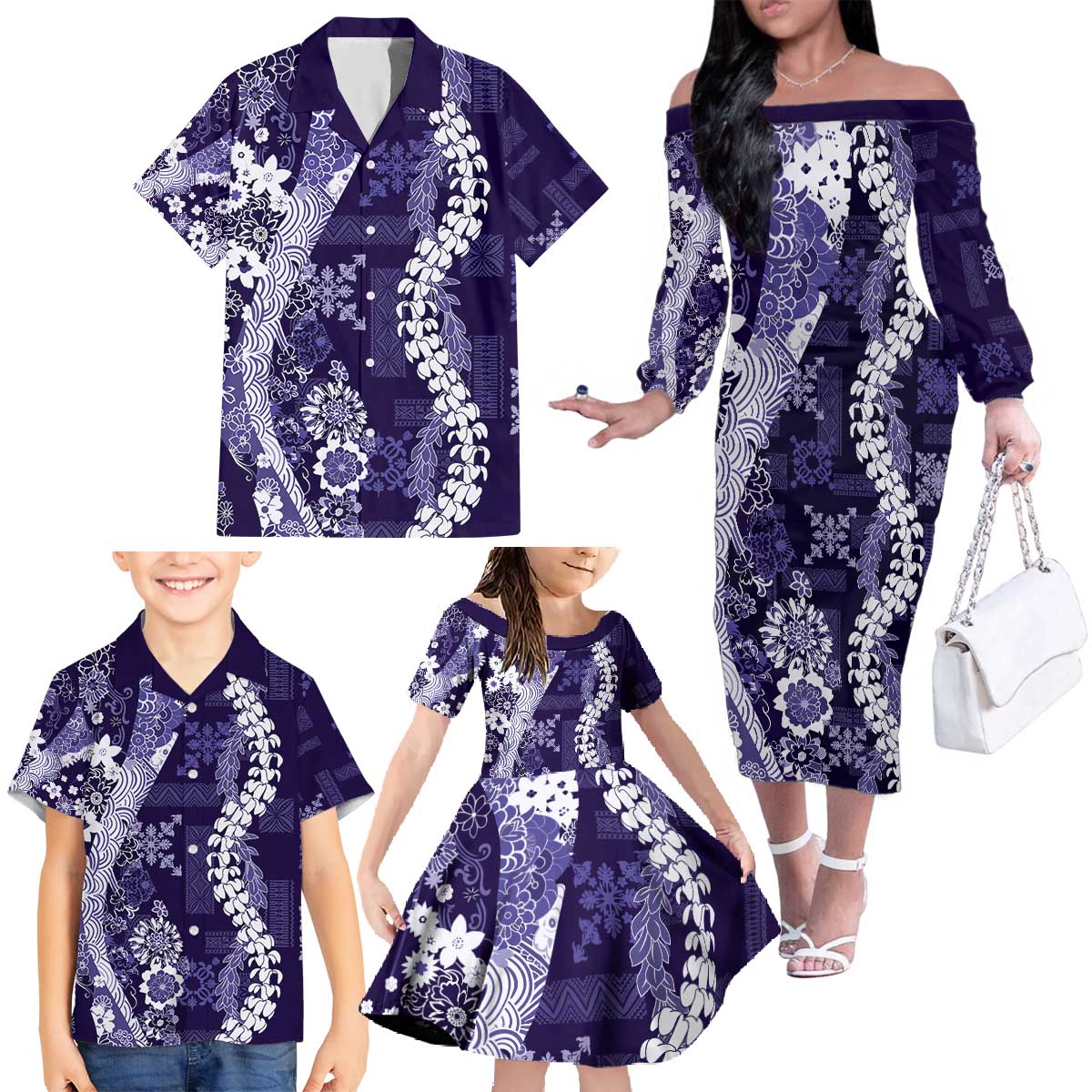 Hawaii Puakenikeni and Maile Lei Family Matching Off The Shoulder Long Sleeve Dress and Hawaiian Shirt Purple Japanese Wave Style - Polynesian Pride
