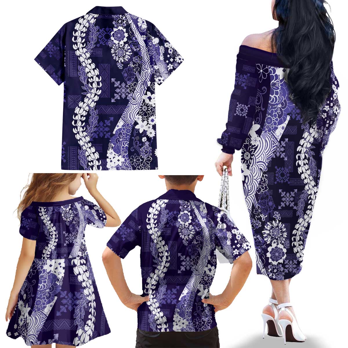 Hawaii Puakenikeni and Maile Lei Family Matching Off The Shoulder Long Sleeve Dress and Hawaiian Shirt Purple Japanese Wave Style - Polynesian Pride