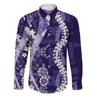 Hawaii Puakenikeni and Maile Lei Family Matching Off The Shoulder Long Sleeve Dress and Hawaiian Shirt Purple Japanese Wave Style - Polynesian Pride