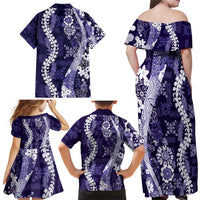 Hawaii Puakenikeni and Maile Lei Family Matching Off Shoulder Maxi Dress and Hawaiian Shirt Purple Japanese Wave Style - Polynesian Pride