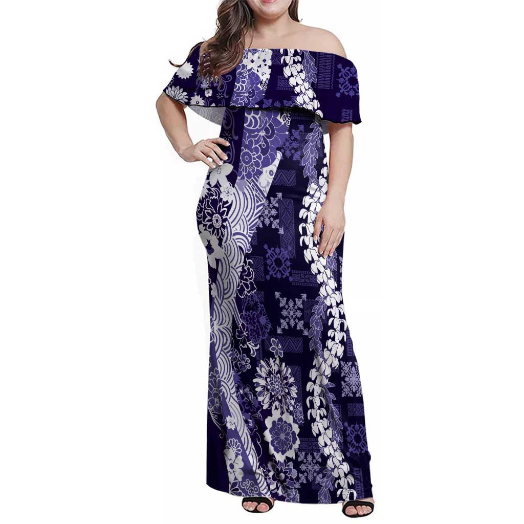 Hawaii Puakenikeni and Maile Lei Family Matching Off Shoulder Maxi Dress and Hawaiian Shirt Purple Japanese Wave Style - Polynesian Pride