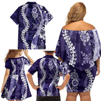 Hawaii Puakenikeni and Maile Lei Family Matching Off Shoulder Short Dress and Hawaiian Shirt Purple Japanese Wave Style - Polynesian Pride