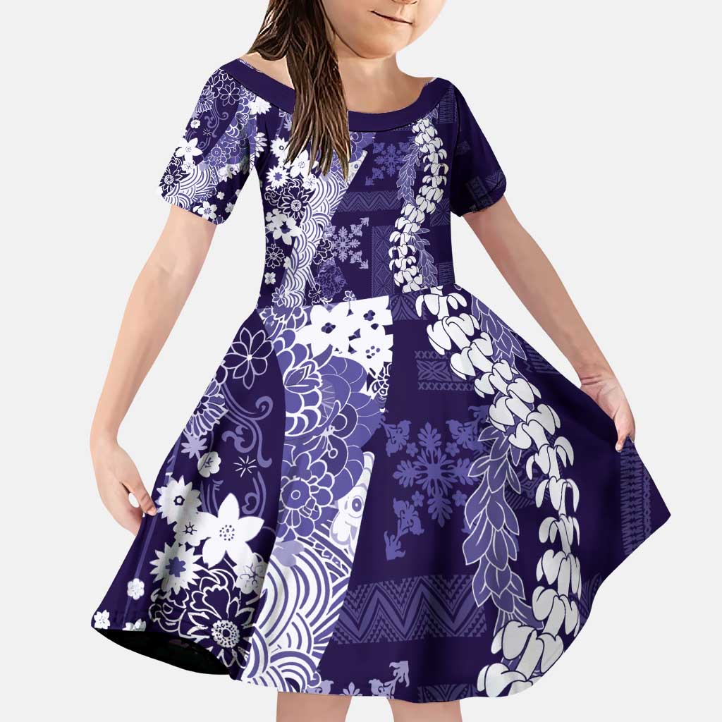 Hawaii Puakenikeni and Maile Lei Family Matching Puletasi and Hawaiian Shirt Purple Japanese Wave Style LT9 Daughter's Dress Purple - Polynesian Pride