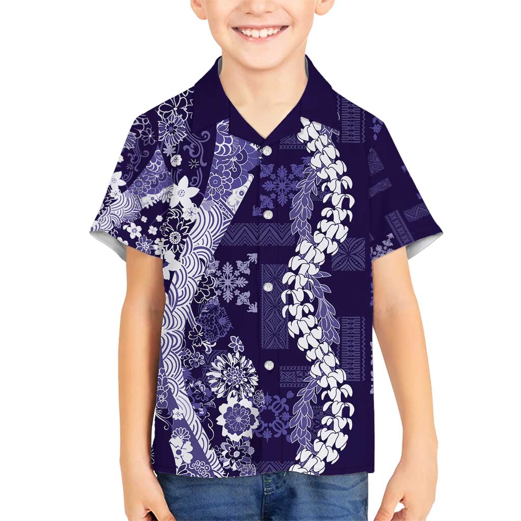 Hawaii Puakenikeni and Maile Lei Family Matching Puletasi and Hawaiian Shirt Purple Japanese Wave Style LT9 Son's Shirt Purple - Polynesian Pride
