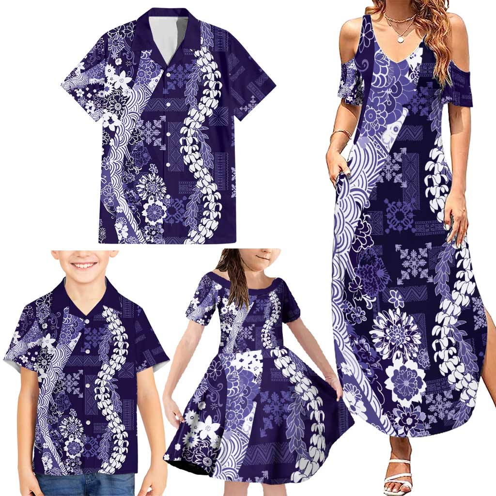 Hawaii Puakenikeni and Maile Lei Family Matching Summer Maxi Dress and Hawaiian Shirt Purple Japanese Wave Style - Polynesian Pride