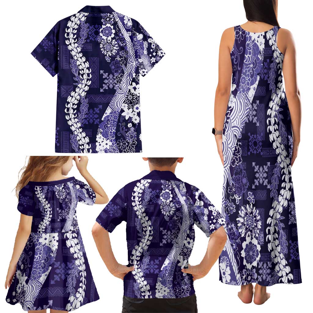 Hawaii Puakenikeni and Maile Lei Family Matching Tank Maxi Dress and Hawaiian Shirt Purple Japanese Wave Style - Polynesian Pride