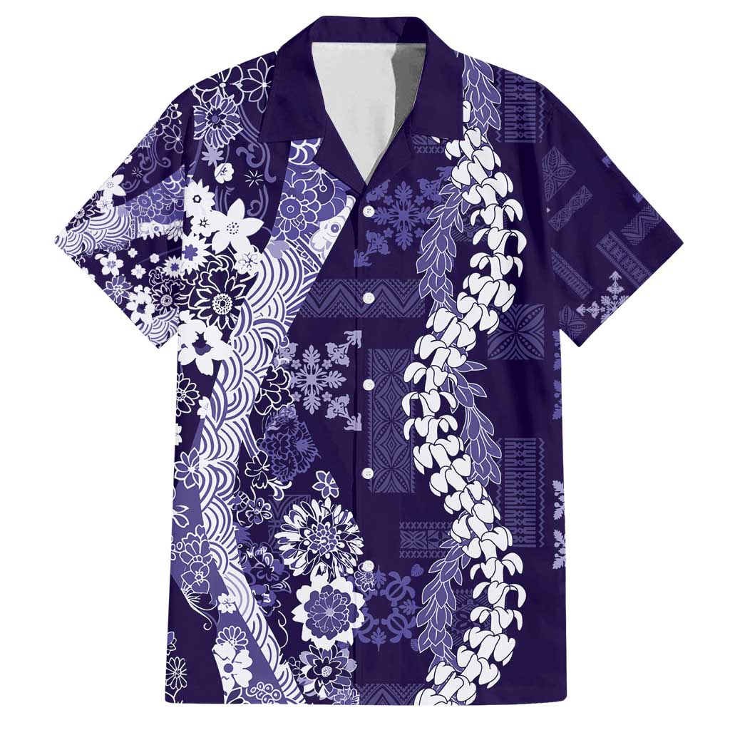 Hawaii Puakenikeni and Maile Lei Family Matching Tank Maxi Dress and Hawaiian Shirt Purple Japanese Wave Style - Polynesian Pride