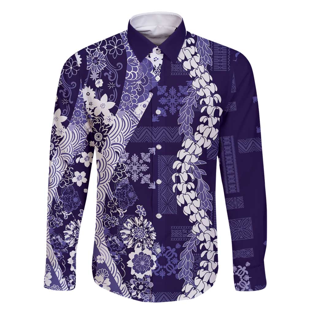 Hawaii Puakenikeni and Maile Lei Family Matching Tank Maxi Dress and Hawaiian Shirt Purple Japanese Wave Style - Polynesian Pride