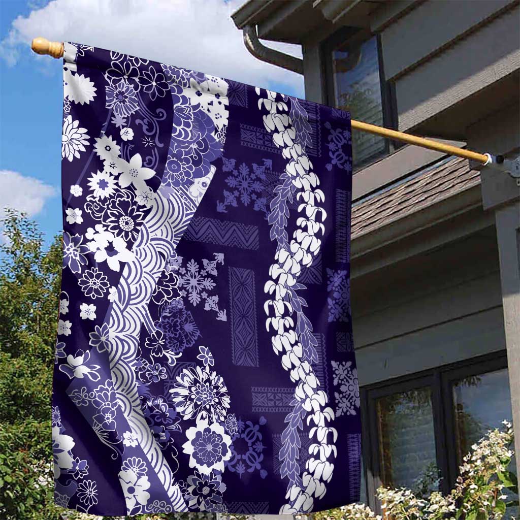 Hawaii Puakenikeni and Maile Lei Garden Flag Purple Japanese Wave Style - Polynesian Pride