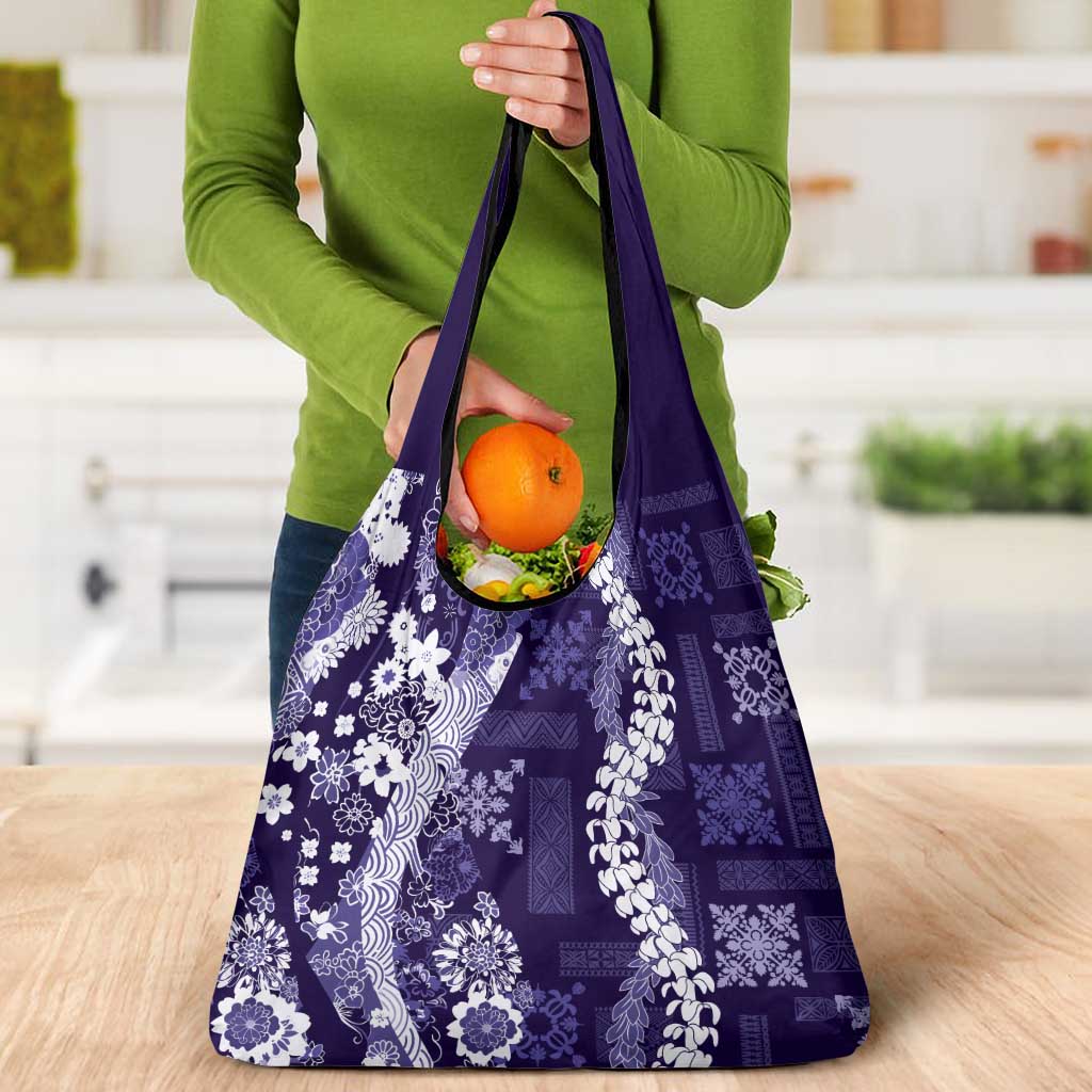 Hawaii Puakenikeni and Maile Lei Grocery Bag Purple Japanese Wave Style - Polynesian Pride