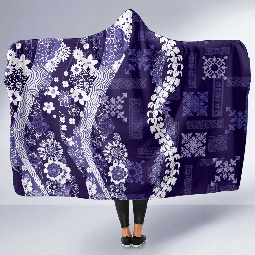 Hawaii Puakenikeni and Maile Lei Hooded Blanket Purple Japanese Wave Style - Polynesian Pride