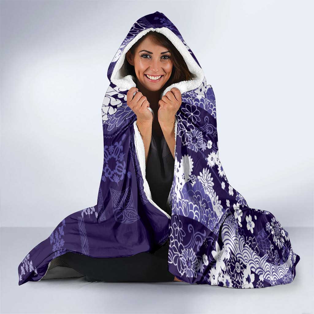 Hawaii Puakenikeni and Maile Lei Hooded Blanket Purple Japanese Wave Style - Polynesian Pride