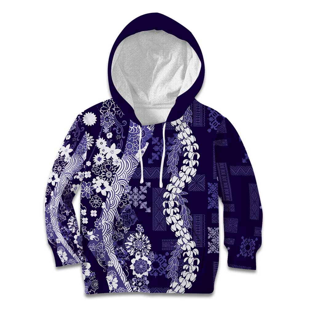 Hawaii Puakenikeni and Maile Lei Kid Hoodie Purple Japanese Wave Style - Polynesian Pride