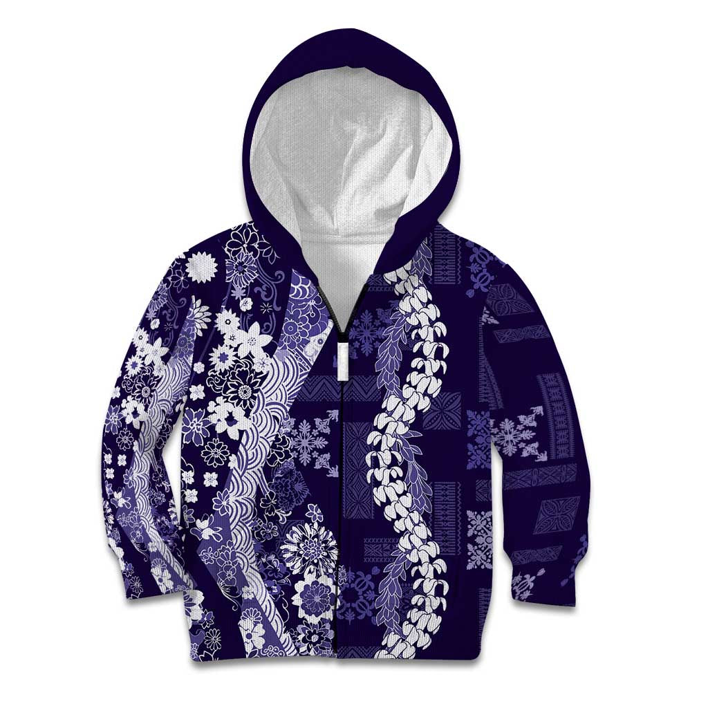 Hawaii Puakenikeni and Maile Lei Kid Hoodie Purple Japanese Wave Style - Polynesian Pride