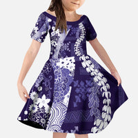 Hawaii Puakenikeni and Maile Lei Kid Short Sleeve Dress Purple Japanese Wave Style - Polynesian Pride