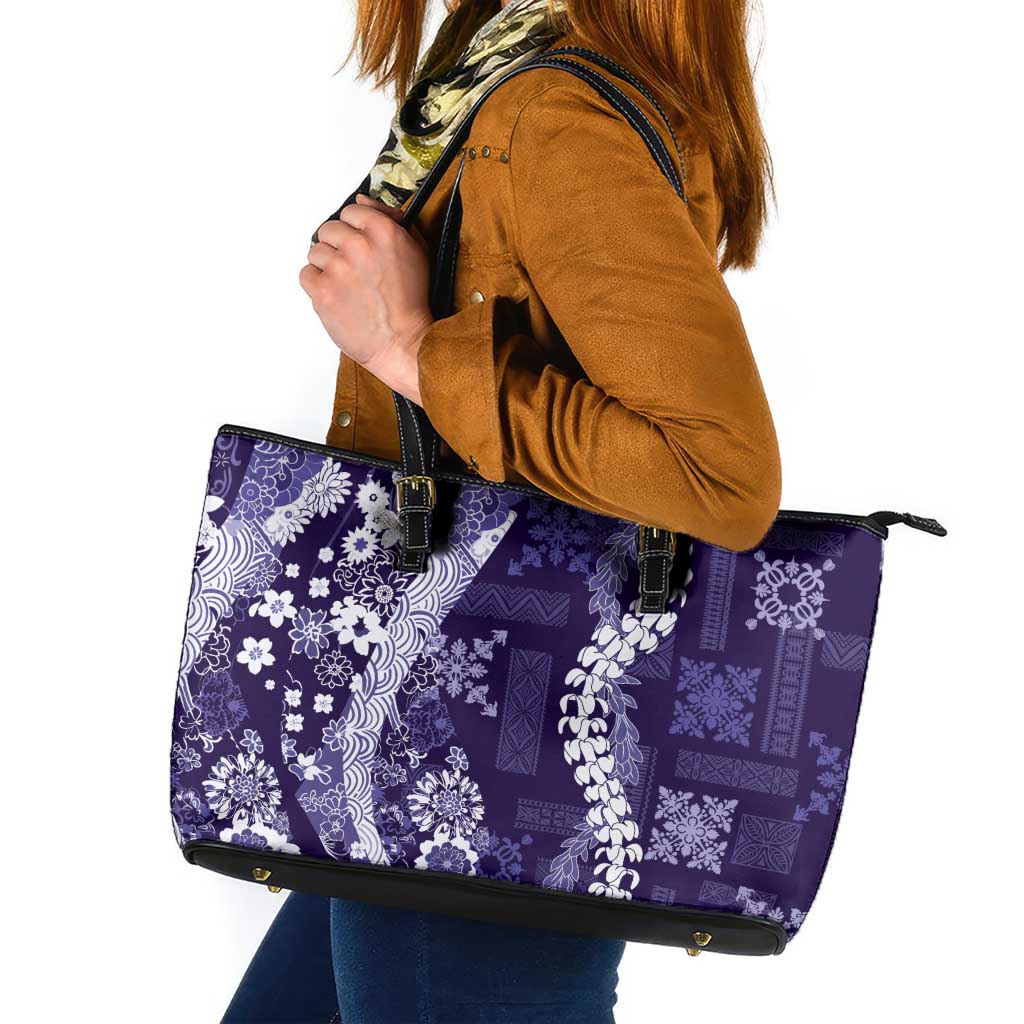 Hawaii Puakenikeni and Maile Lei Leather Tote Bag Purple Japanese Wave Style LT9 Purple - Polynesian Pride