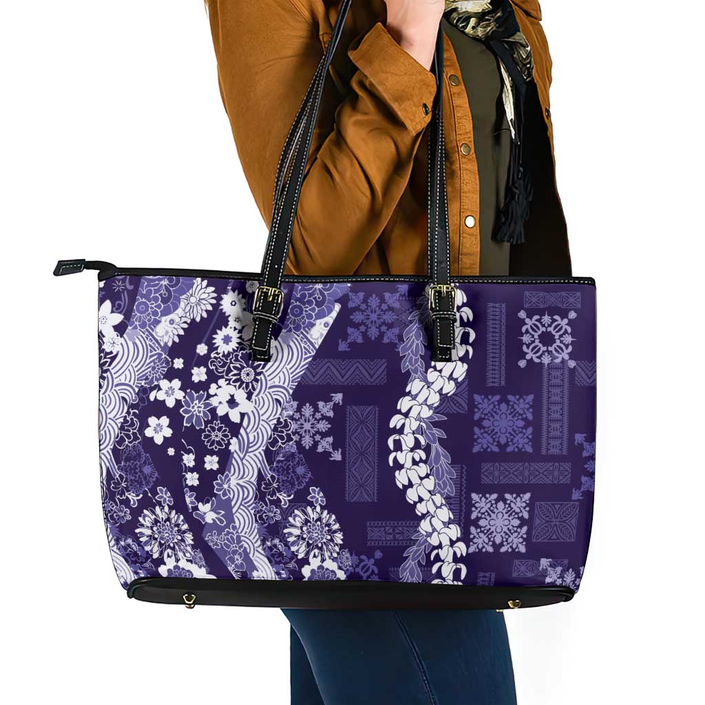 Hawaii Puakenikeni and Maile Lei Leather Tote Bag Purple Japanese Wave Style LT9 - Polynesian Pride