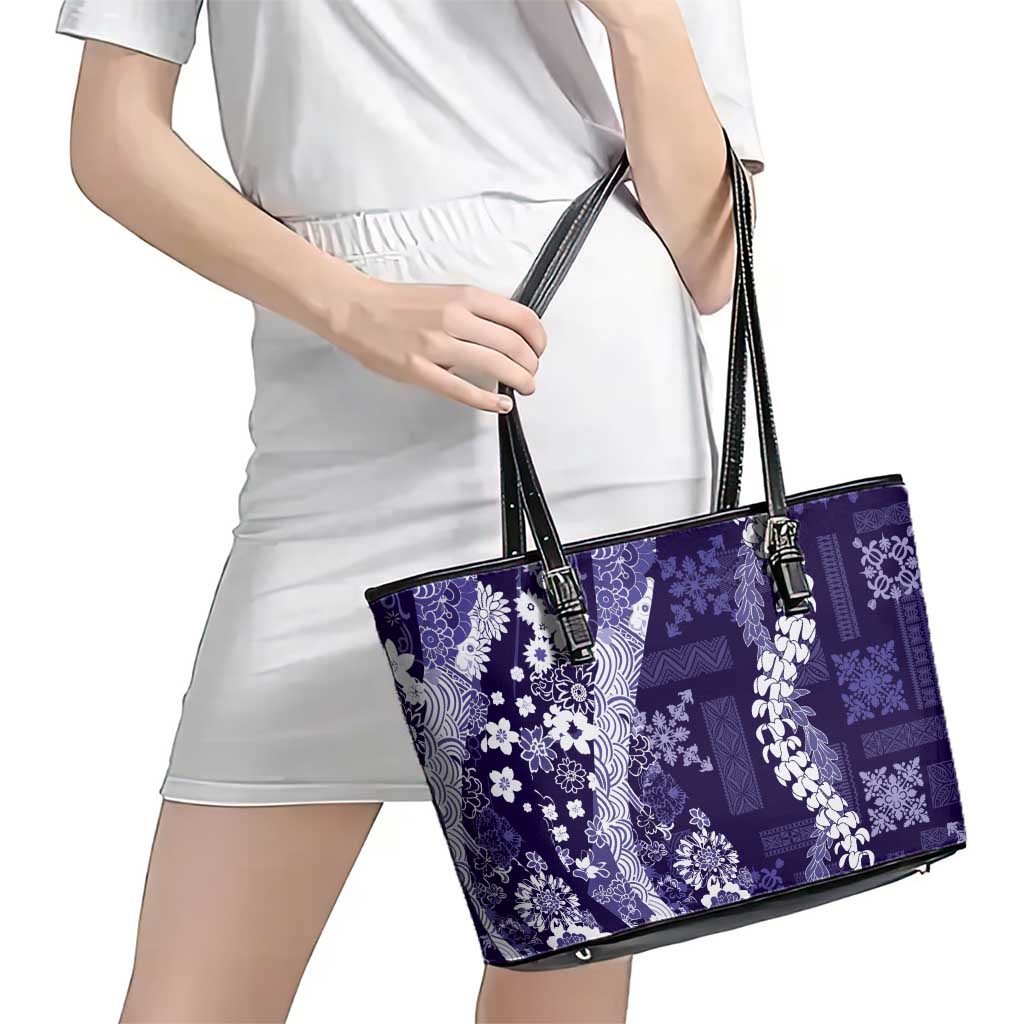 Hawaii Puakenikeni and Maile Lei Leather Tote Bag Purple Japanese Wave Style LT9 - Polynesian Pride