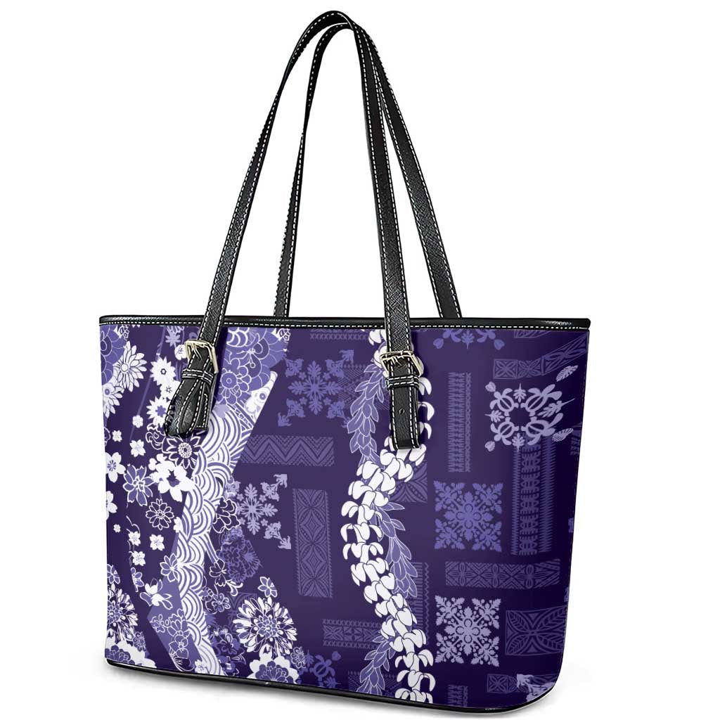 Hawaii Puakenikeni and Maile Lei Leather Tote Bag Purple Japanese Wave Style LT9 - Polynesian Pride